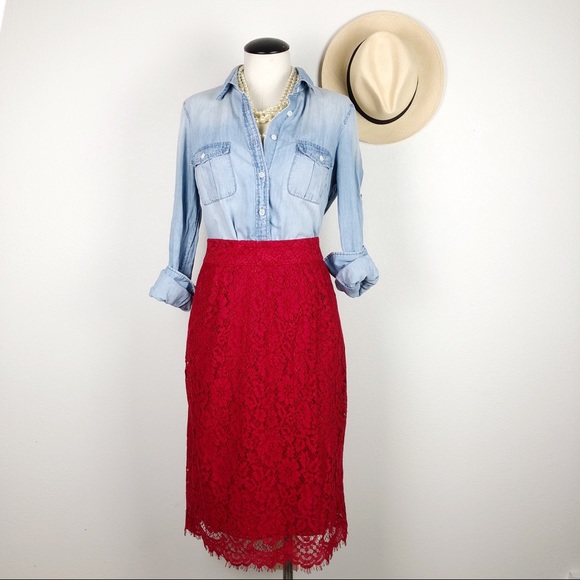 J. Crew Dresses & Skirts - JCrew Pintucked Lace Pencil Skirt Red NWT